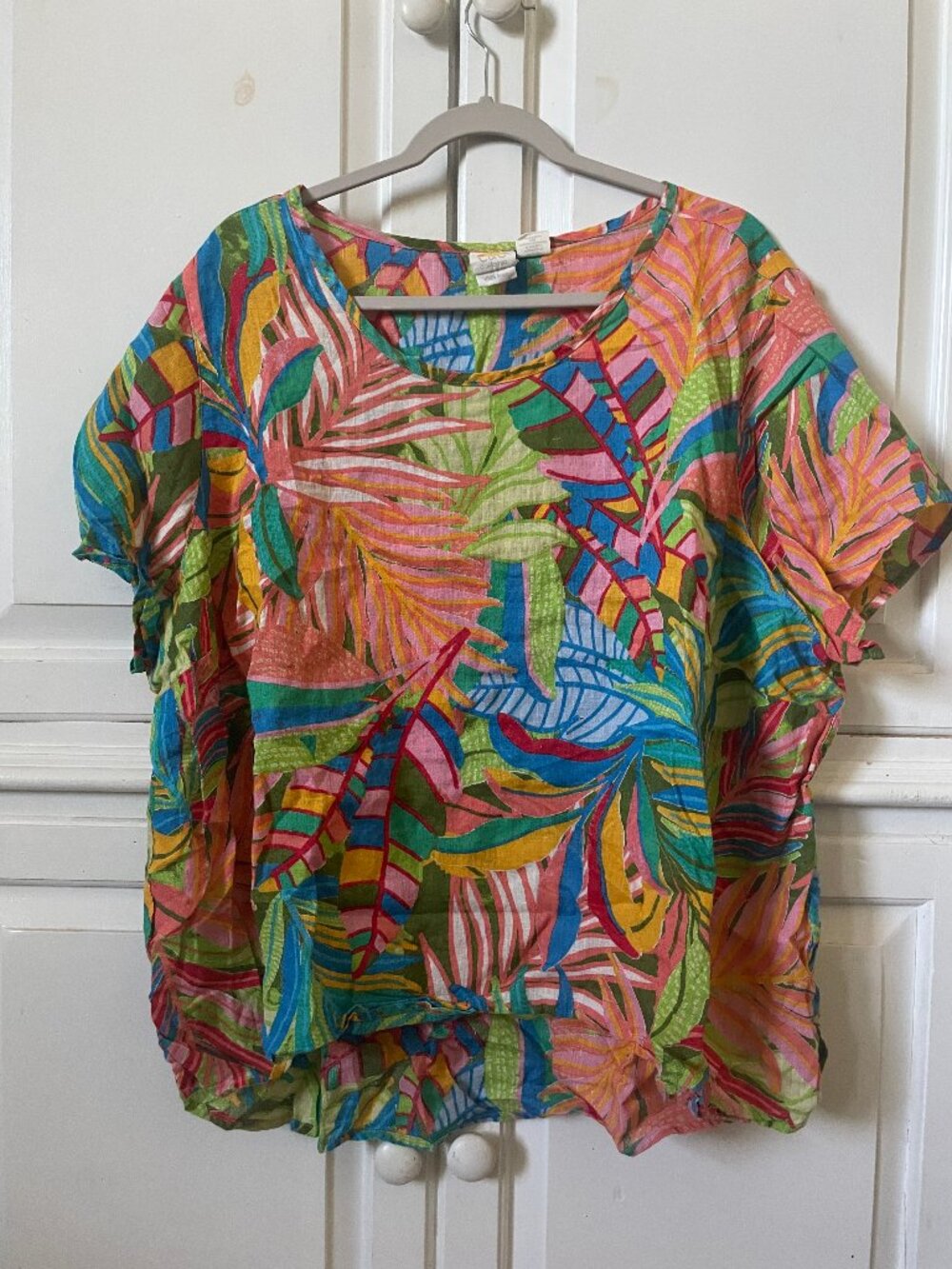 C&C California 100 linen womens colorful round neck short sleeve Hawaiian top 3X